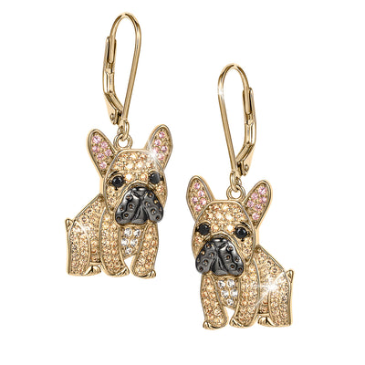 Forever Frenchie Earrings featuring sparkling gold tone French bulldog jewelry with pink crystal ears and black accents available up to 75% off retail