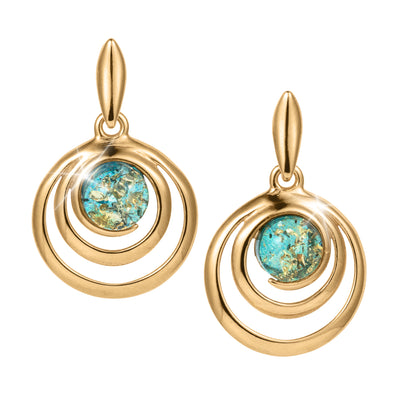 Baltic Lagoon Earrings pair in gold tone featuring concentric circular hoops and luminous turquoise blue marbled center stones as elegant statement jewelry