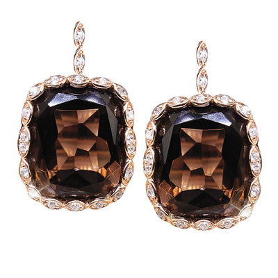 Athena Smokey Quartz Earrings featuring large faceted smokey quartz stones set in sterling silver with rose gold plating and adorned with sparkling clear gemstones, designed for women.