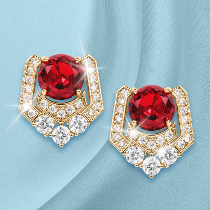 Scarlet Heirloom Earrings featuring vibrant red gemstones surrounded by sparkling clear crystals set in gold-tone metal, offering timeless elegance with Up To 75% Off Retail.