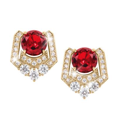 Scarlet Heirloom Earrings featuring vibrant red gemstones set in gold with surrounding clear crystals, showcasing an elegant jewelry design. Up To 75% Off Retail.