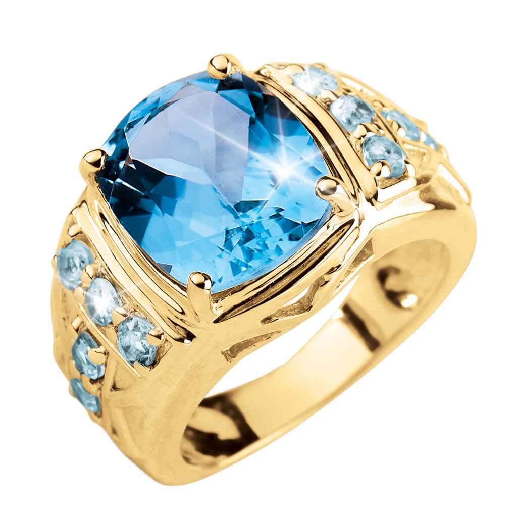 Mediterranean Blue Topaz Ring featuring a large cushion-cut blue topaz and multiple smaller blue topaz stones set in sterling silver with gold plating, designed for men.
