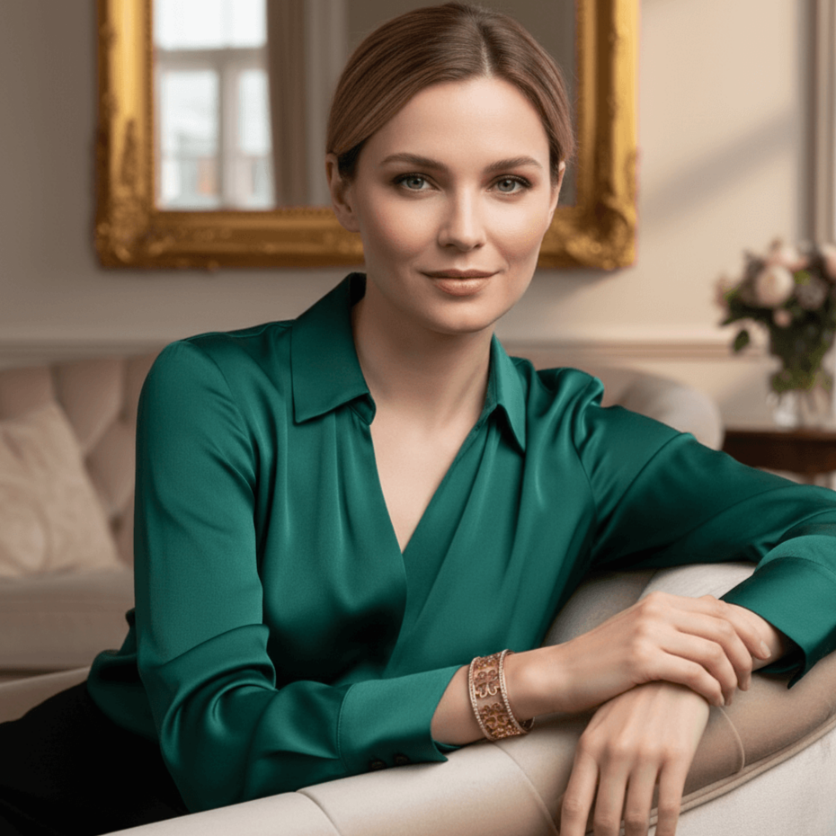 Woman wearing a Celeste Rose Gold Bracelet made of sterling silver with rose gold plating, elegantly styled with a green satin blouse in a sophisticated indoor setting.
