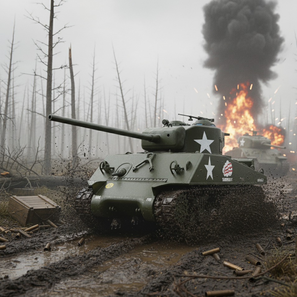 Tank in a forest with smoke and fire in the background. M4A3 Sherman Tank – Creighton Abrams “Thunderbolt”