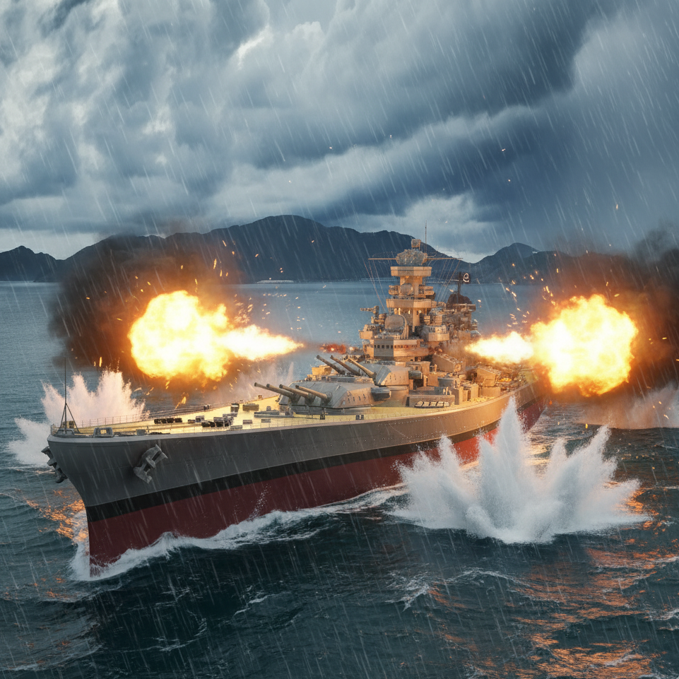 Warship firing cannons with explosions in a stormy sea
