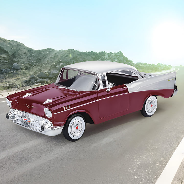 1957 Chevy Bel Air - Burgundy classic car with chrome detailing and whitewall tires on a scenic road Up To 75% Off Retail