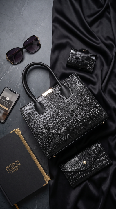 A black crocodile-embossed leather handbag with dual top handles, styled in a flat-lay arrangement with matching black accessories, sunglasses, a phone, a book, and draped black satin fabric on a dark gray surface. Gabriella Bag Collection featuring a black crocodile texture handbag wallet and mini purse with polished gold accents Up To 75% Off Retail