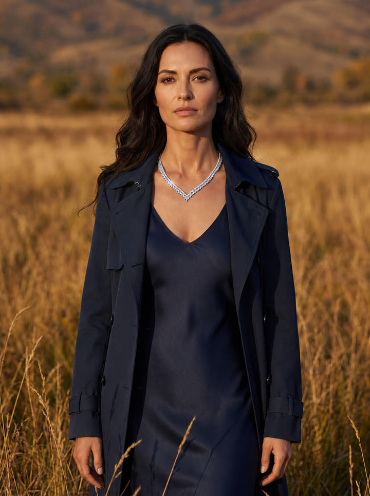 Crystal Cascade Necklace worn by a woman in a navy outfit against a golden meadow and mountain landscape highlighting its sparkling V shaped design