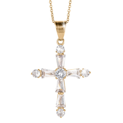 Celestial Light Cross Pendant with a gold tone chain and sparkling clear crystal cross design on a white background