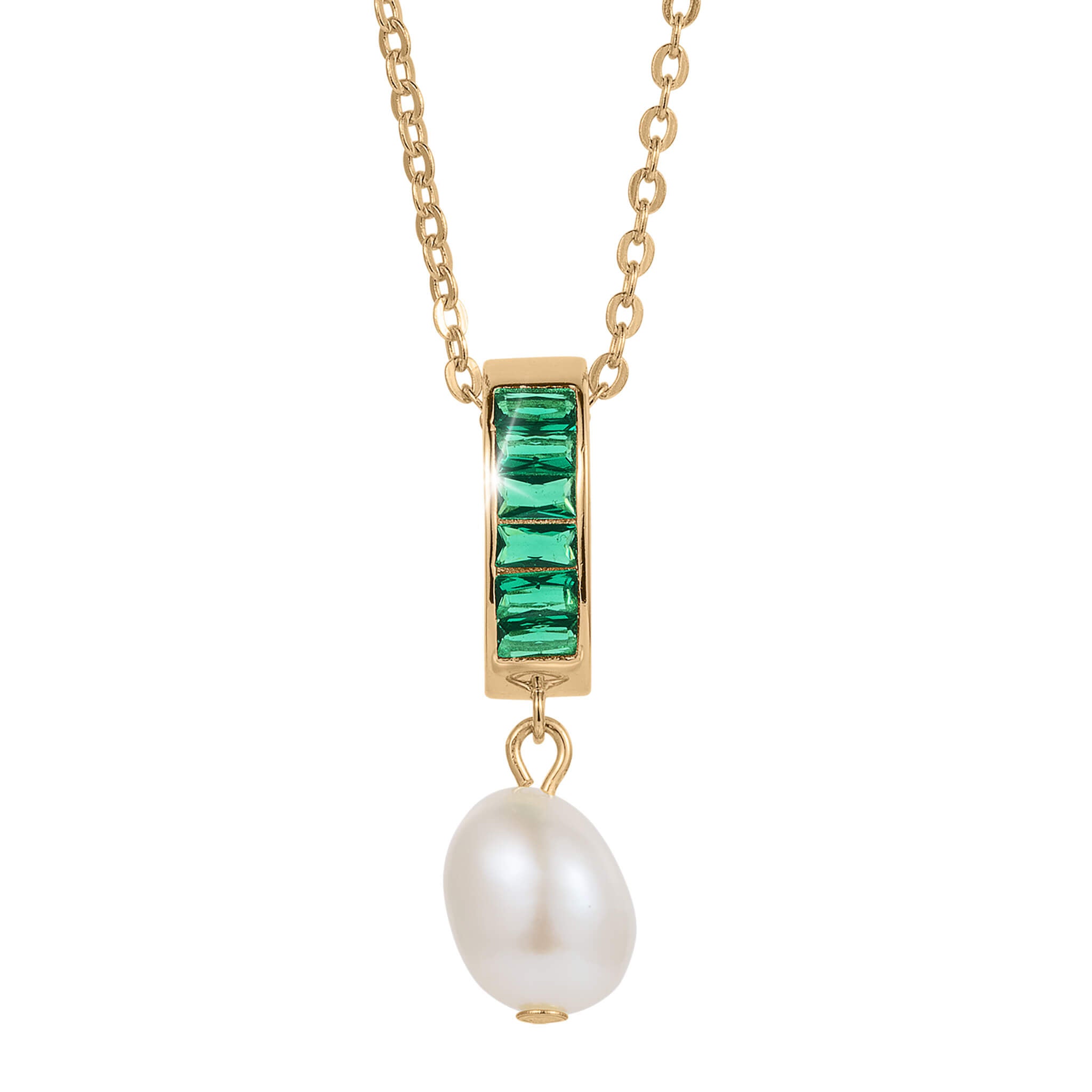 Pearl Radiance Pendant featuring a gold chain with rectangular green gemstones and a single dangling white pearl, showcasing elegant and timeless jewelry design.