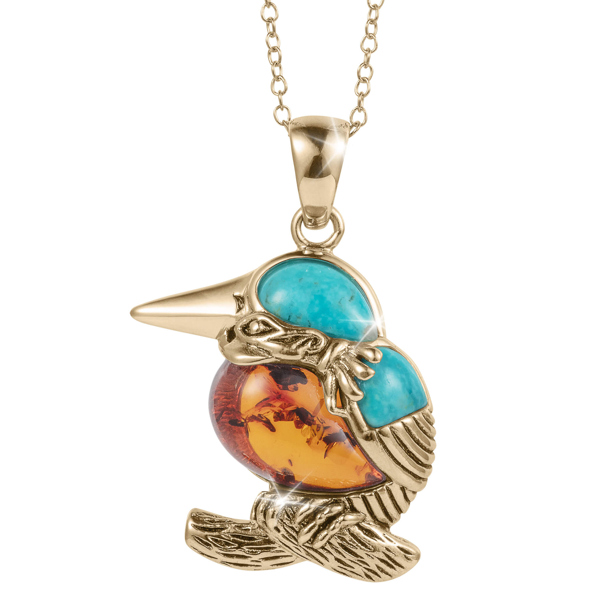 Golden Kingfisher Pendant featuring a detailed bird design with turquoise and amber-colored stones set in polished gold, hanging from a delicate gold chain necklace.