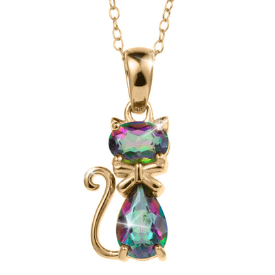 Mystic Kitten Pendant in gold tone jewelry featuring a colorful faceted kitten design with curled tail and delicate chain