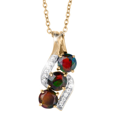 Ember & Eclipse Opal Pendant featuring three colorful opal stones, a gold tone chain, and sparkling clear accent stones in a graceful setting