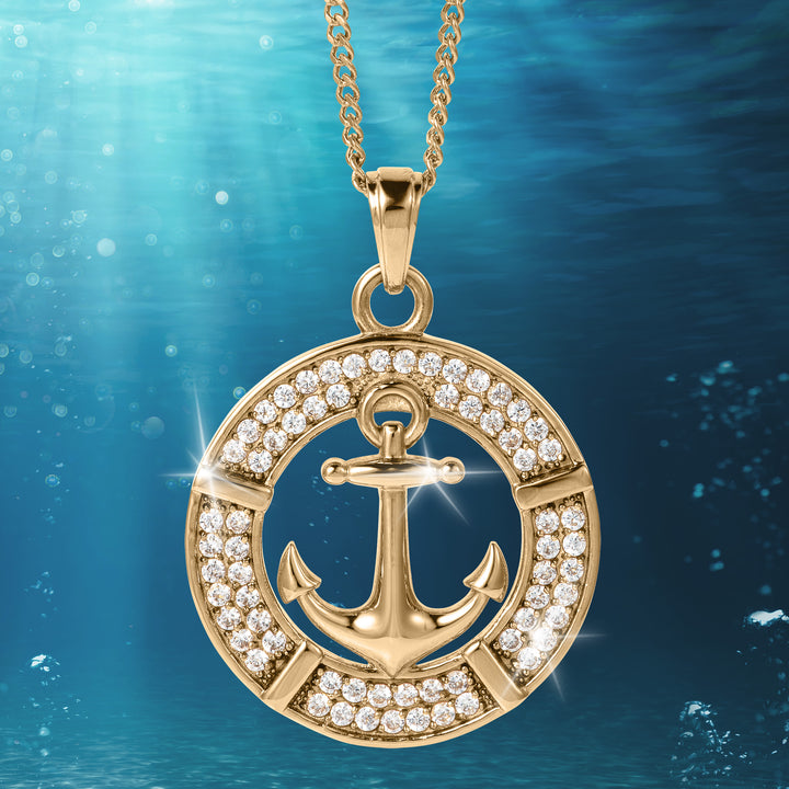 Mariner Pendant gold anchor jewelry with sparkling crystal details shown underwater on a chain Up To 75% Off Retail