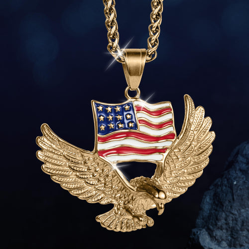 Gold eagle pendant with American flag design on a dark background