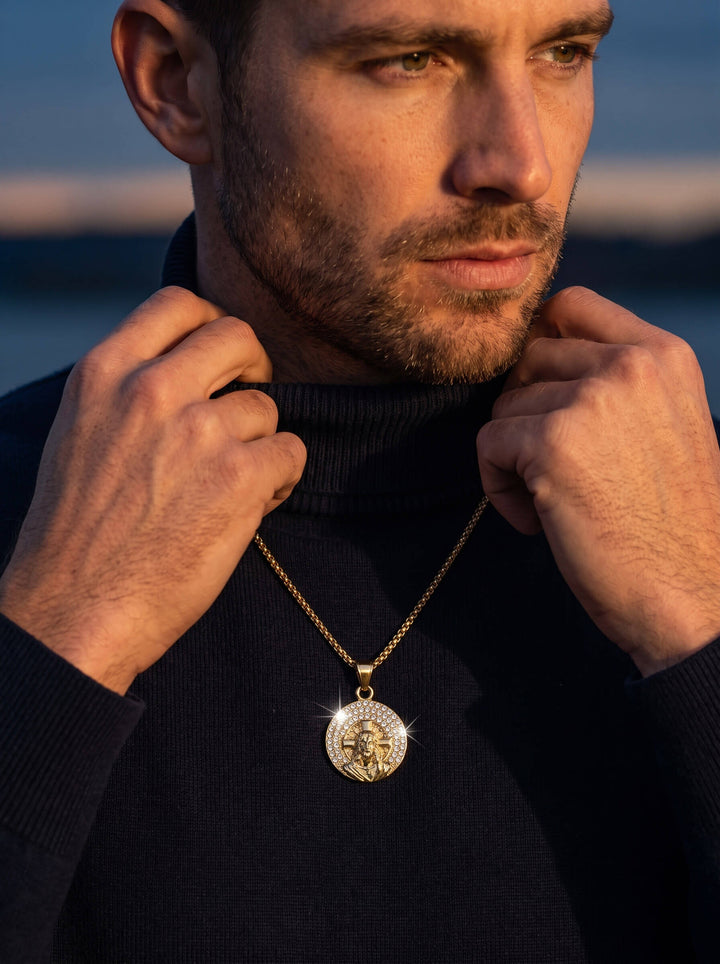 Faith And Promise Pendant gold round medallion necklace with intricate faith inspired detailing worn over a black sweater Up To 75% Off Retail