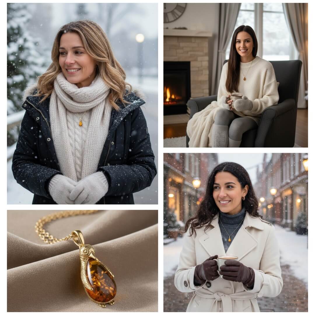 Collage of a woman in various settings with a close-up of a gold pendant. Penguin Baltic Amber Pendant