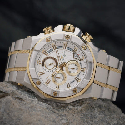 Phantom Two-Tone Men's Watch with a stainless steel two-tone bracelet, silver dial, and gold-tone accents, featuring multiple subdials and a date display.