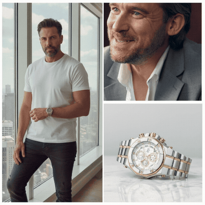 Phantom Two-Tone Men's Watch in stainless steel with a silver dial and two-tone plating, showcased worn on a man's wrist and in close-up, emphasizing its elegant design.