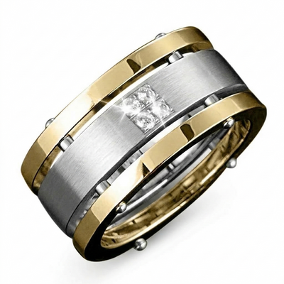 Quattro Ring featuring a stainless steel two-tone design with a central cluster of four diamonds, crafted for a sophisticated male jewelry statement.