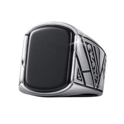 Onyx Raven Men's Ring features a bold black onyx centerpiece set in polished silver with detailed engravings, showcasing a striking and masculine jewelry design, Up To 75% Off Retail.