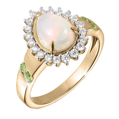 Opal Dew Drop Ring with luminous opal center clear gemstone halo and green accents in gold tone metal Up To 75% Off Retail