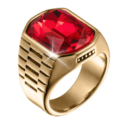 Imperial Scarlet Ring with a faceted scarlet red gemstone in a polished gold tone setting and bold engraved details. Up To 75% Off Retail