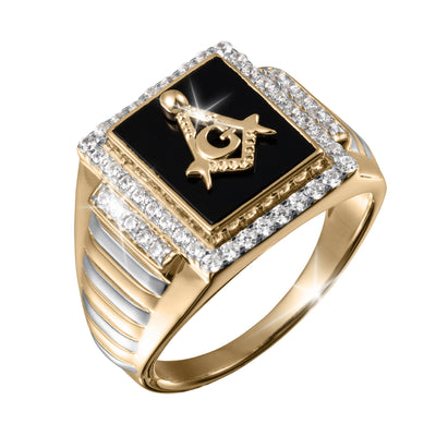 Keystone Men's Ring in gold tone with black square inlay raised decorative emblem and sparkling clear stone accents Up To 75% Off Retail