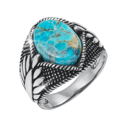 Turquoise Storm Men's Ring featuring a vivid turquoise stone in an ornate silver setting with textured details and bold men's jewelry styling Up To 75% Off Retail