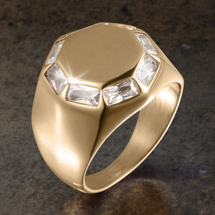 Paradigm Ring in polished gold tone with a bold geometric face and sparkling clear accent stones Up To 75% Off Retail