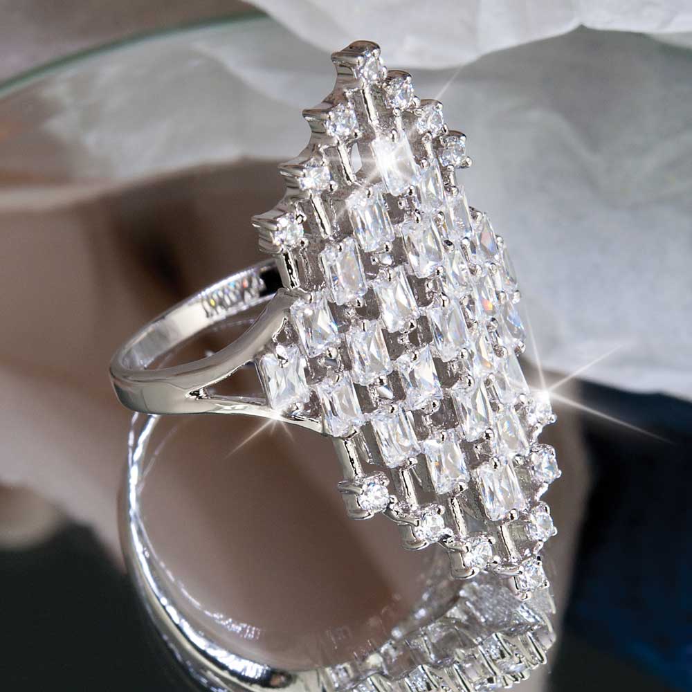 Long Island Cocktail Ring featuring sterling silver with an intricate lattice design adorned with multiple sparkling clear stones, elegant jewelry for women.