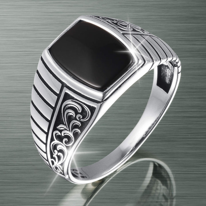 Silver Shadow Ring polished silver signet ring with a sleek black rectangular stone ornate scrollwork and ridged shoulders Up To 75% Off Retail