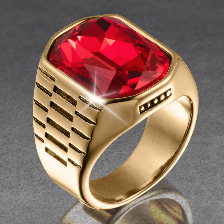 Imperial Scarlet Ring in polished gold tone metal with a large faceted scarlet red gemstone and engraved side detailing Up To 75% Off Retail