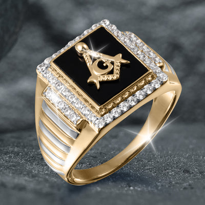 Keystone Men's Ring, gold tone jewelry with black square centerpiece, crystal accents, and decorative emblem, Up To 75% Off Retail