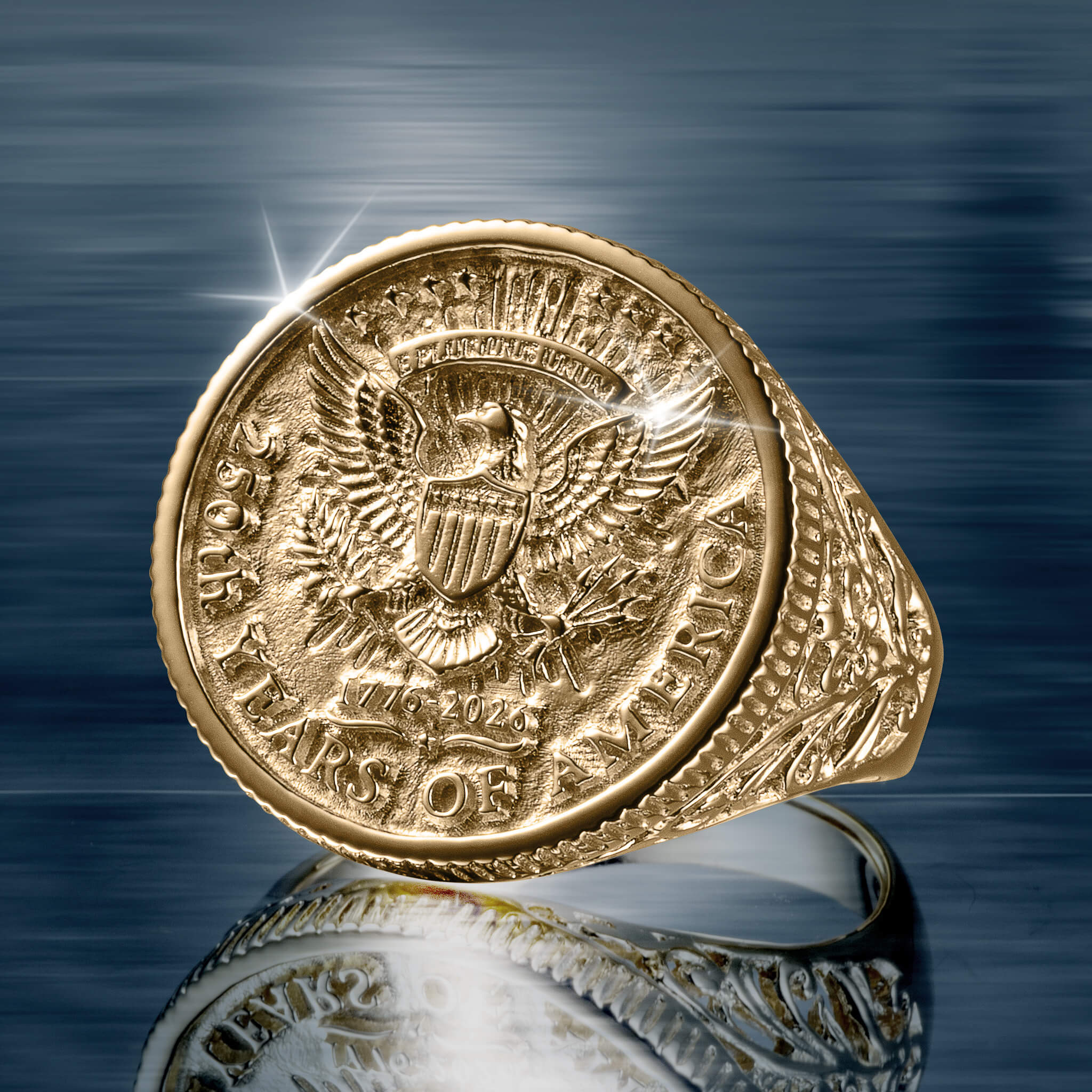 American Glory Ring featuring a detailed gold coin design with an eagle emblem and ornate side engraving, symbolizing 250 years of American heritage and craftsmanship.