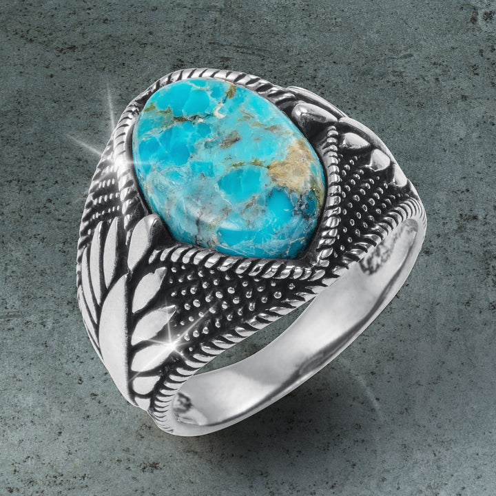 Turquoise Storm Men's Ring with a vivid turquoise stone in an ornate silver tone setting Up To 75% Off Retail