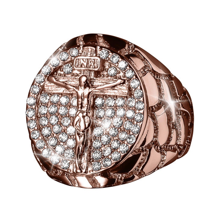 Holy Halo Men's Ring in rose gold tone featuring a detailed crucifix design embellished with sparkling clear stones, combining faith-inspired jewelry with bold style.