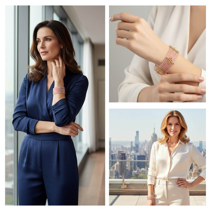 Sophisticated women wearing the Rosa Cascade Bracelet in rose gold plating with gems, styled elegantly with navy and white outfits in modern urban settings.