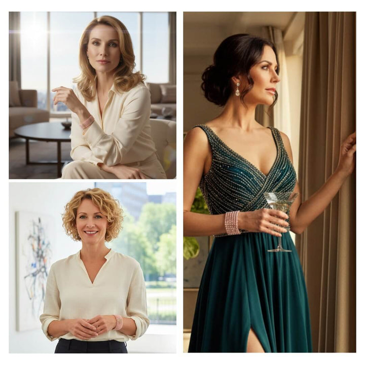 Collage of three women wearing the Rosa Cascade Bracelet in rose gold with gems, styled with elegant and casual outfits, showcasing versatile jewelry for women.