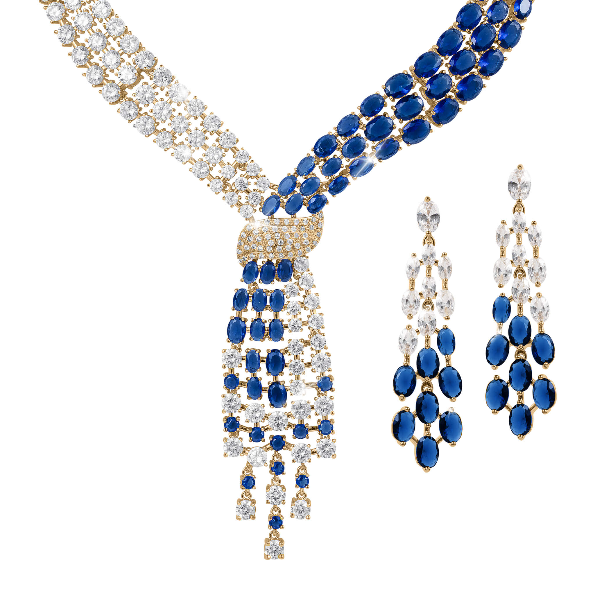 Elegant Royal Tide Collection necklace and matching earrings featuring gold settings with sparkling clear and deep blue gemstones arranged in an intricate, luxurious design.