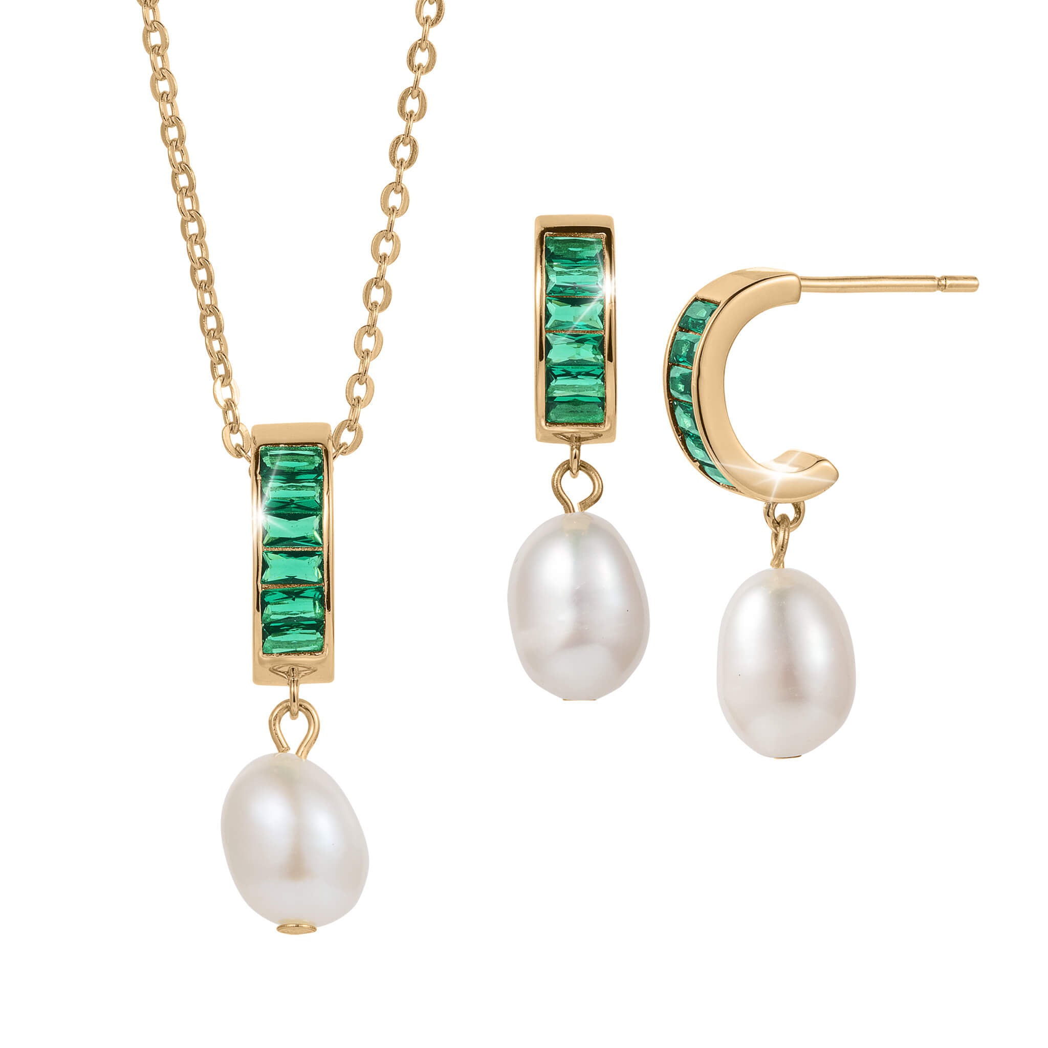 Elegant gold necklace and matching earrings from the Pearl Radiance Collection featuring green gemstones and hanging white pearls, designed for sophisticated jewelry lovers.