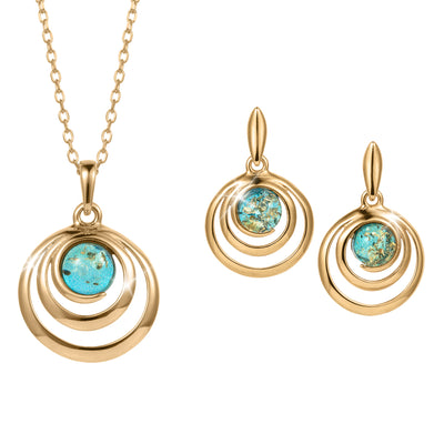 Baltic Lagoon Collection gold necklace and matching earrings with turquoise blue center stones and concentric circular designs Up To 75% Off Retail
