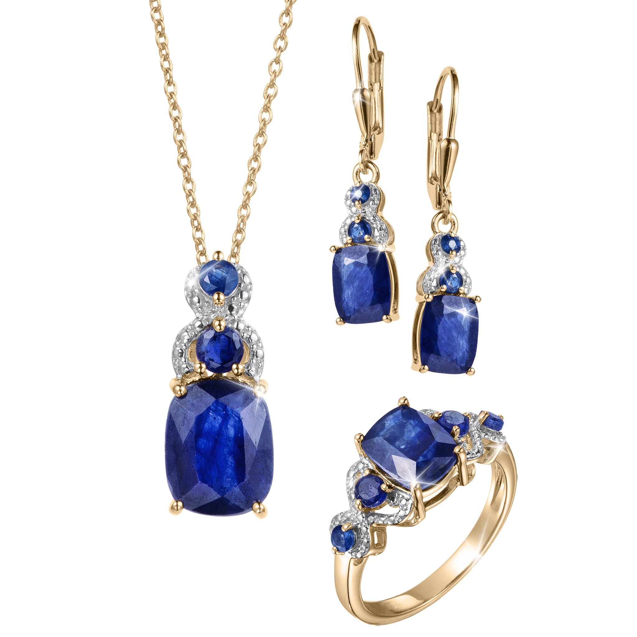 Elara Sapphire Collection featuring blue sapphire pendant earrings and ring in gold settings with sparkling accents Up To 75% Off Retail
