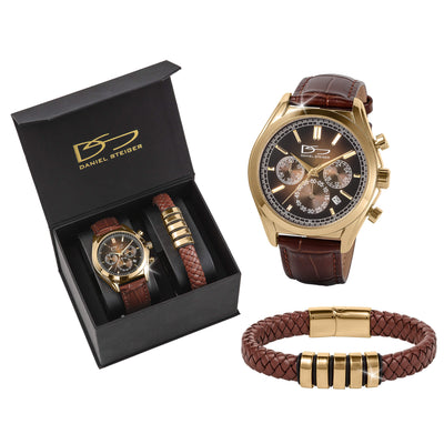 Vicerory Watch & Bracelet Box Set featuring a gold tone chronograph watch with brown leather strap and matching braided bracelet in a presentation box