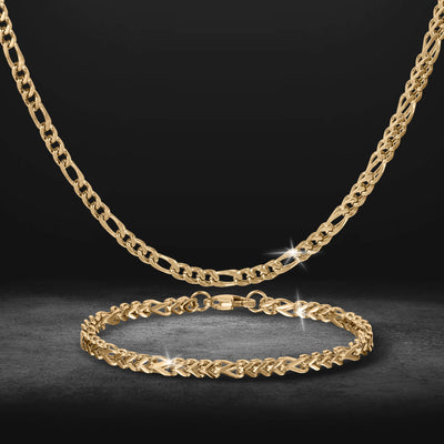 Kodiak Steel Collection gold chain necklace and matching bracelet displayed on a dark background with polished links and a refined design Up To 75% Off Retail