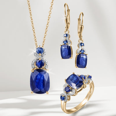 Elara Sapphire Collection featuring a gold necklace earrings and ring with deep blue sapphire and diamond accents Up To 75% Off Retail
