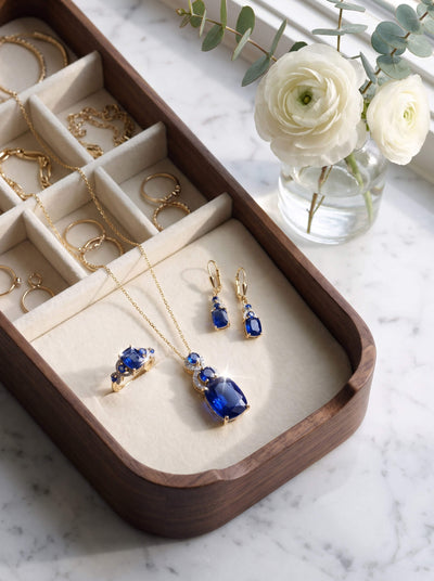 Elara Sapphire Earrings with vivid blue gemstones displayed in a velvet jewelry tray beside gold rings and delicate chains on a marble surface