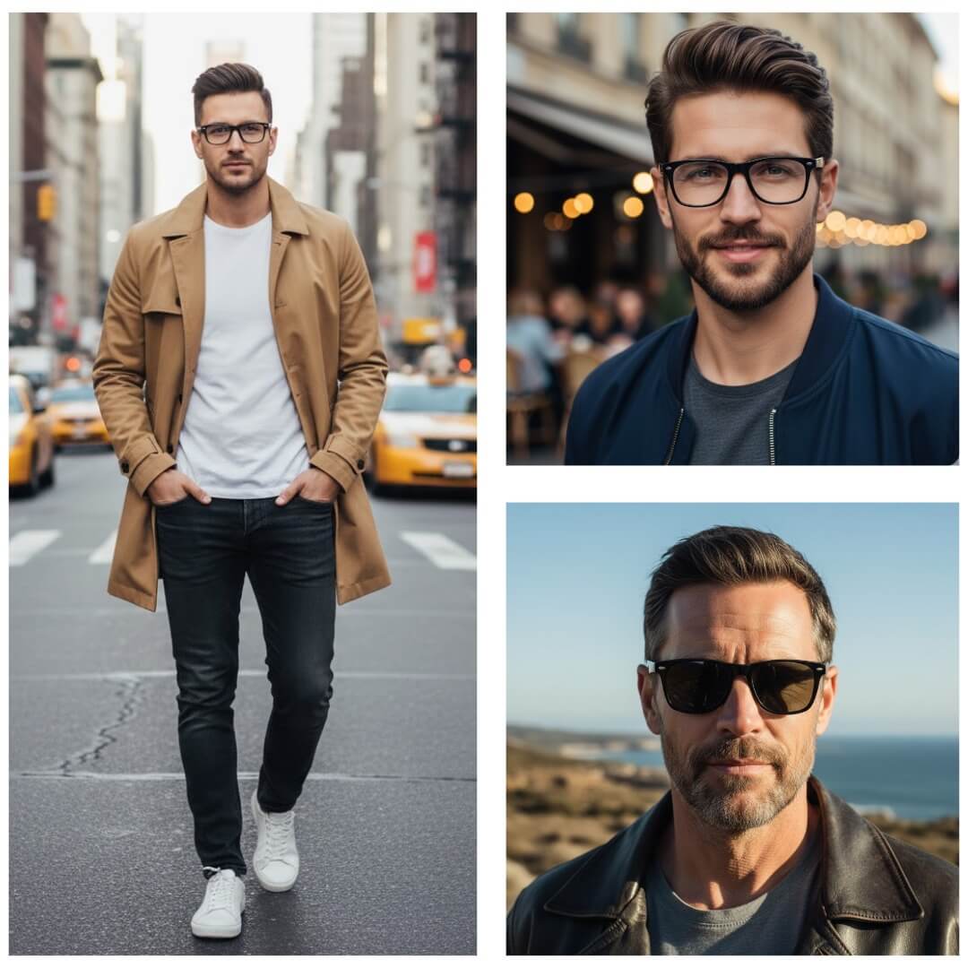 Collage of a man in different outfits with cityscape background. Reactive Smart Sunglasses

