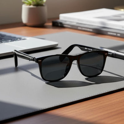 Black sunglasses on a desk with a laptop and office supplies in the background. Reactive Smart Sunglasses

