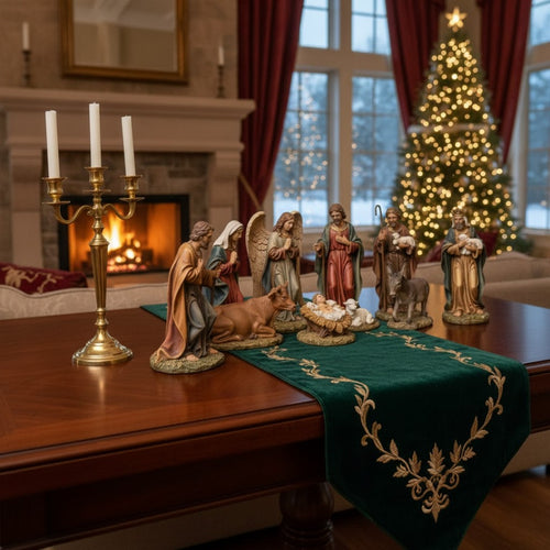 Christmas nativity scene on a table with a decorated tree in the background. Daniel Steiger Heavenly Night Nativity Set